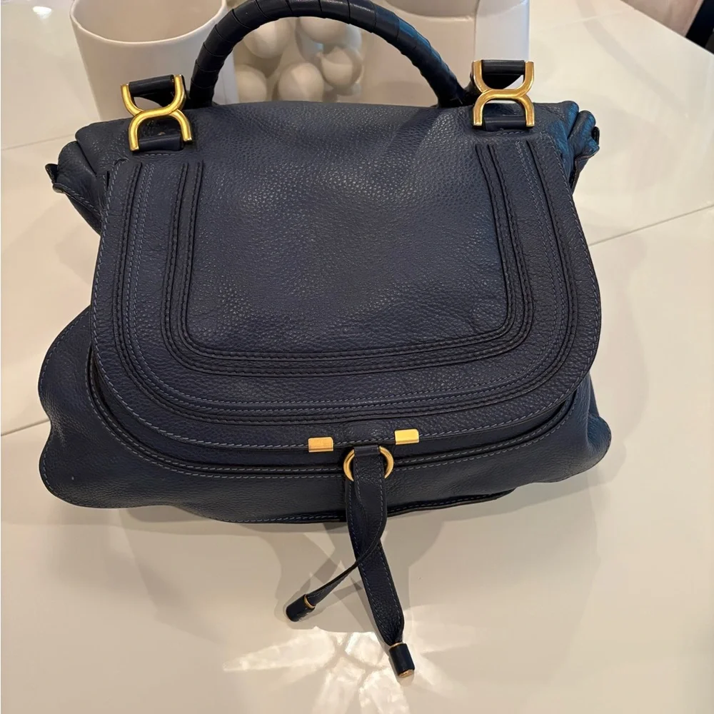 Chloe Dark Blue Satchel with Gold Accents - Picture 1 of 4